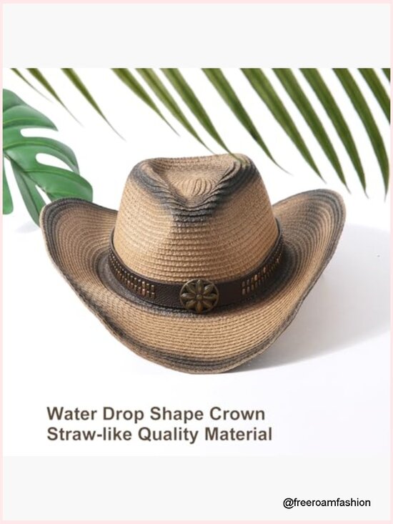 Straw Cowboy Hat with Shapeable Brim, Breathable Woven Hollow Out, Adjustable,